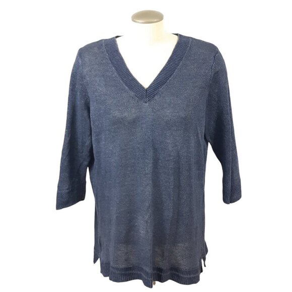 Talbots Linen Sweater Womens Plus Size 1X Blue Light Knit Top Coastal Lagenlook - Picture 1 of 4